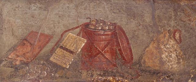 VIII.2.28 Pompeii. Found on 28th June 1758. 
Wall painting of a counting frame on a pile of coins, an inscribed open diptych, a cask with fruit and a bag which may contain coins.
The open diptych contains CIL IV 1174.
Now in Naples Archaeological Museum. Inventory number 4675.
See Pagano, M. and Prisciandaro, R., 2006. Studio sulle provenienze degli oggetti rinvenuti negli scavi borbonici del regno di Napoli. Naples : Nicola Longobardi. 
(p.27 where the last line of CIL IV 1174 is given as “actu cara”)  PAH I, 1, 77.
See Helbig, W., 1868. Wandgemälde der vom Vesuv verschütteten Städte Campaniens. Leipzig: Breitkopf und Härtel. (1725).
See Varone, A. and Stefani, G., 2009. Titulorum Pictorum Pompeianorum, Rome: L’erma di Bretschneider, (p.365)

According to Epigraphik-Datenbank Clauss/Slaby (See www.manfredclauss.de), CIL IV 1174 reads

Septimea
Acci caese
Marcella
Amaranti
actu(m) Pom(peis)       [CIL IV 1174]
