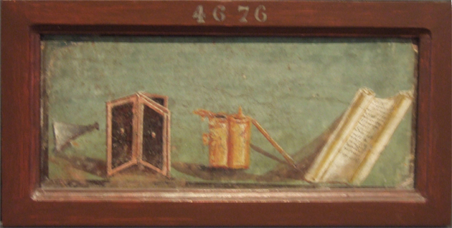 VIII.2.28 Pompeii. Found on 28th June 1758. Wall painting of a small piece of architecture, two books, two ink stands and a pen, and a semi open scroll with many words visible. The scroll contained a poem found in several places in Pompeii. See CIL IV 1173. Now in Naples Archaeological Museum. Inventory number 4676. See Pagano, M. and Prisciandaro, R., 2006. Studio sulle provenienze degli oggetti rinvenuti negli scavi borbonici del regno di Napoli. Naples : Nicola Longobardi. (p.27)  PAH I, 1, 77.
See Varone, A., 2002. Erotica Pompeiana: Love Inscriptions on the Walls of Pompeii, Rome: L’erma di Bretschneider. (p.62-3).
See Helbig, W., 1868. Wandgemälde der vom Vesuv verschütteten Städte Campaniens. Leipzig: Breitkopf und Härtel. (1724).

According to Epigraphik-Datenbank Clauss/Slaby (See www.manfredclauss.de), CIL IV 1173 reads

Quisquis
ama(t) valia(t)
peria(t) qui nescit ama[re]
bis tanti
periapt
quisqu
is amare
vota(t)
felices
adias maneas
o Martia
si te vidi
dum nobis
maxima
cura placet       [CIL IV 1173]
