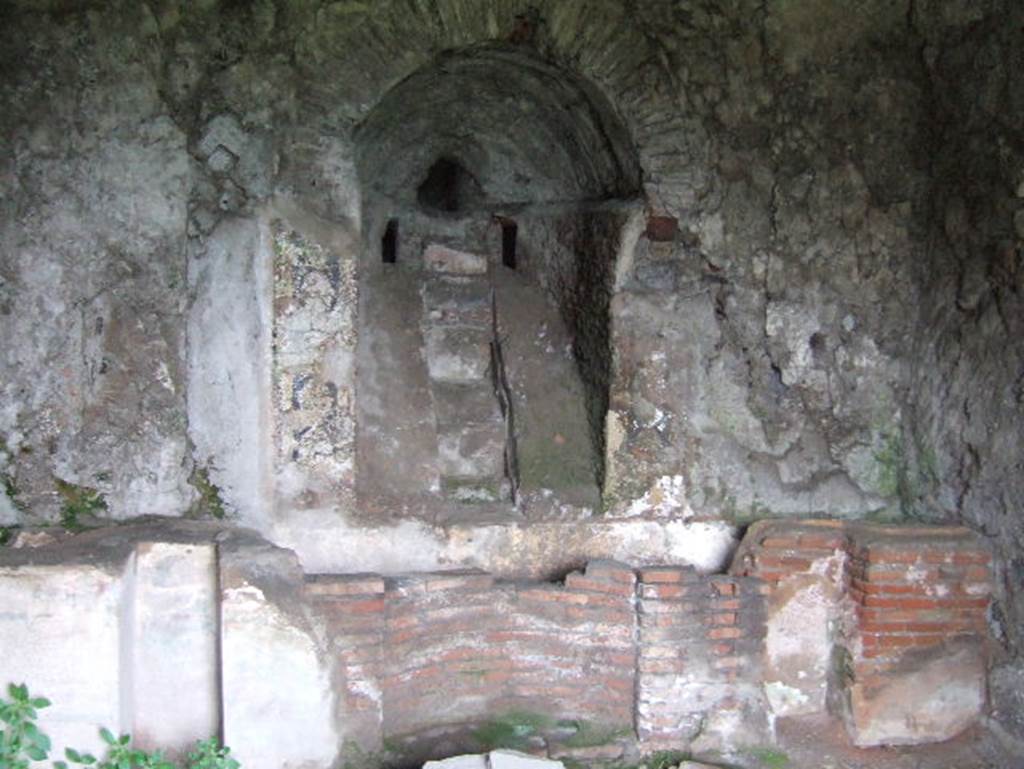 VIII.2.28 Pompeii. May 2006. Nymphaeum. According to Richardson, the water entered by a water stair in a deep vaulted niche and fell into a narrow basin that extended across the width of the room. The front wall of the narrow basin was broken into niches, rather like a theatre stage. 
See Richardson, L., 1988. Pompeii: an Architectural History. Baltimore: John Hopkins University Press. (p.231-2).
