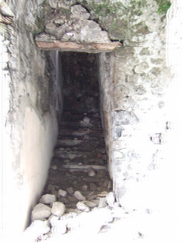 VIII.2.28 Pompeii. May 2006. 
Blocked stairs ascending from vestibule of triclinium with nymphaeum.
