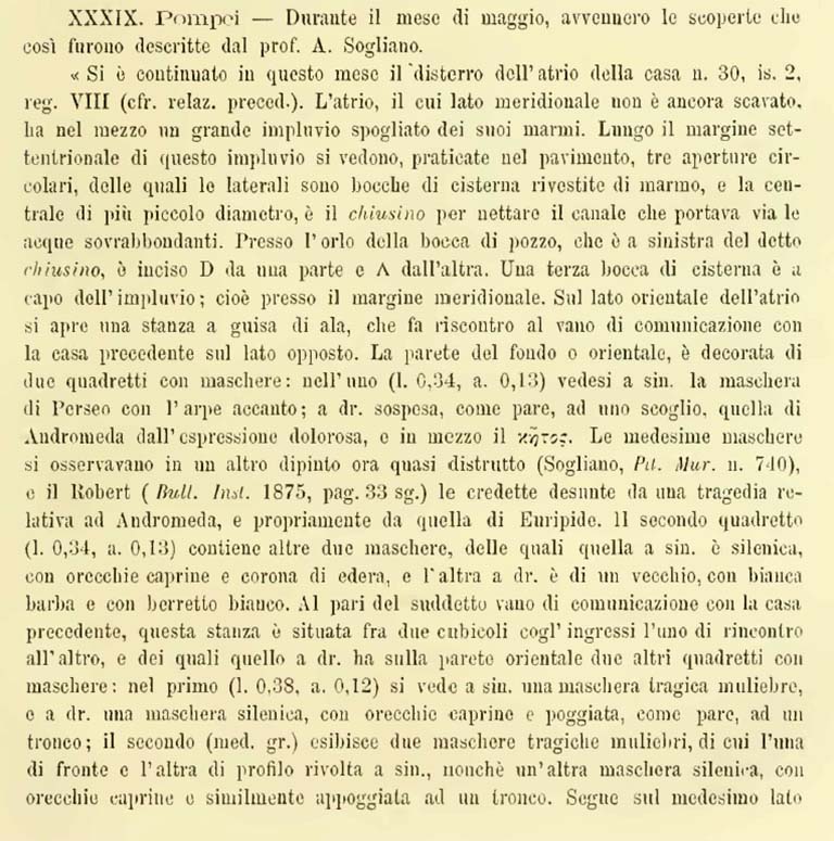 VIII.2.30 Pompeii. Notizie degli Scavi di Antichità, 1883, (p.287) with description of panels with masks.