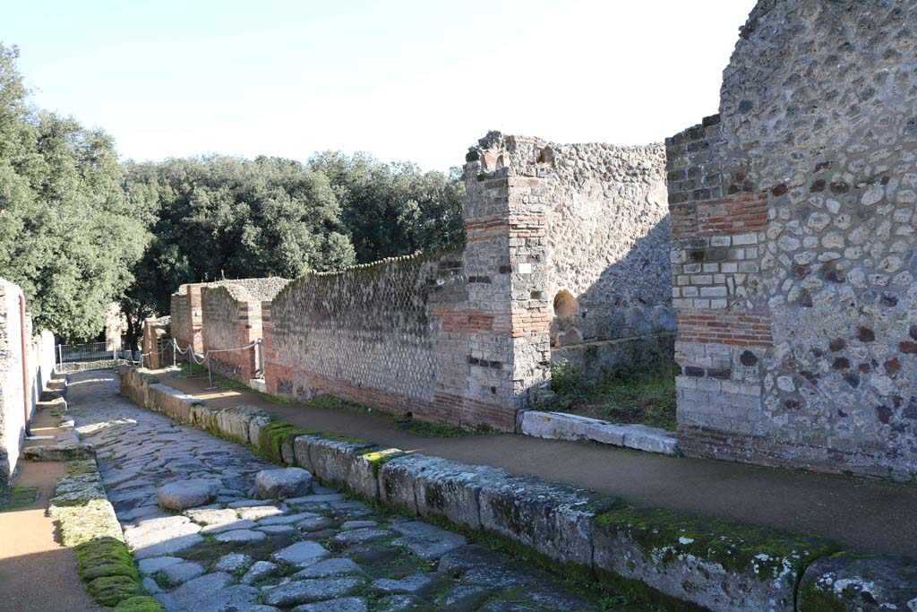 Via della Regina, Pompeii. December 2018. 
Looking east along south side of roadway, from VIII.2.35, on right. Photo courtesy of Aude Durand.
