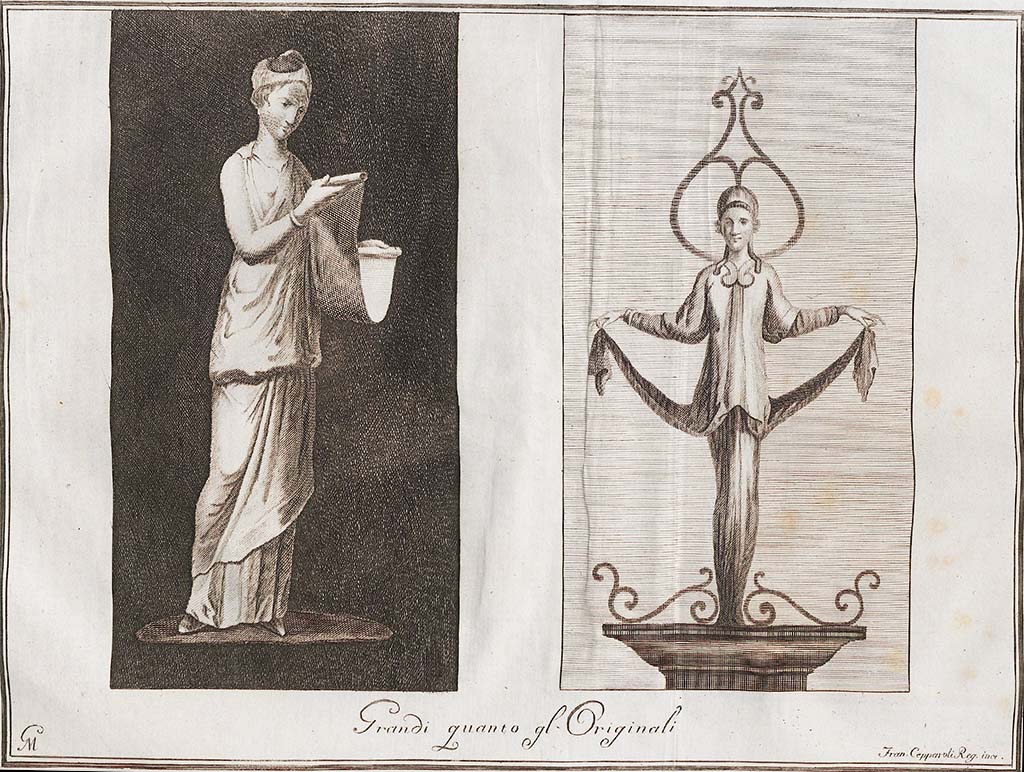 VIII.2.39 Pompeii. 22nd August 1767.
On the left, with black background found in a nearby room to the others, (see room h, below) –
figure of a well-draped woman holding a volume between both hands. Now in Naples Archaeological Museum. Inventory number 8838.
On the right, found with the above three in room l, painted with delicate decoration on a white background, described as -
a woman in the guise of a “term” from middle to bottom, which was the top of a stem that decorated this room.
Now in Naples Archaeological Museum. Inventory number 9600.
See Antichità di Ercolano: Tomo Setto: Le Pitture 5, 1779, (p.253, no. 57).
See Pagano, M. and Prisciandaro, R., 2006. Studio sulle provenienze degli oggetti rinvenuti negli scavi borbonici del regno di Napoli. Naples: Nicola Longobardi, p. 62.
See Fiorelli G., 1860. Pompeianarum antiquitatum historia, Vol. 1: 1748 - 1818, Naples, 1, 210.

