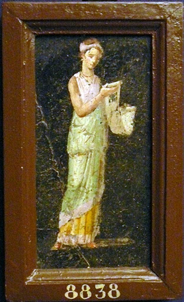 VIII.2.39 Pompeii. Painted panel from room h on the first lower floor.
A strongly elongated female figure, with yellow tunic and blue chiton, bordered with pink, widely tucked.
Her hair is tied up with a yellow band, she holds a long scroll in her hands and she is wearing red slippers.
Now in Naples Archaeological Museum. Inventory number 8838.
See Carratelli, G. P., 1990-2003. Pompei: Pitture e Mosaici. Vol. VIII. Roma: Istituto della enciclopedia italiana, p. 340.

