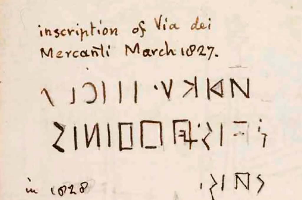 VIII.3.2 Pompeii. Drawing by Gell of same inscription in Via dei Mercanti (Via dell’Abbondanza), March 1827.
See Gell, W. Sketchbook of Pompeii, c.1830. 
See book from Van Der Poel Campanian Collection on Getty website http://hdl.handle.net/10020/2002m16b425
