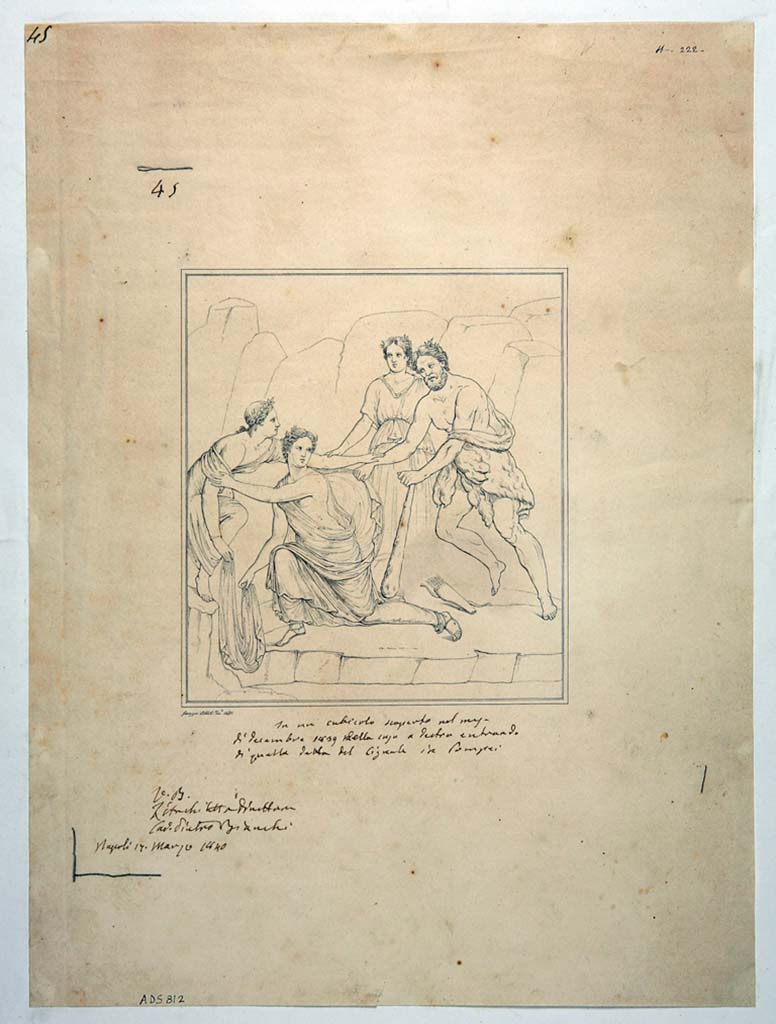VIII.3.4 Pompeii. Drawing by Giuseppe Abbate, 1840, of painting of Hercules and Auge, which gave the house its name.
When found, it was in a bad condition.
According to the note below the drawing, it was from a cubiculum found in the month of December 1839.
This room was on the west side of the peristyle. 
See Helbig, W., 1868. Wandgemälde der vom Vesuv verschütteten Städte Campaniens. Leipzig: Breitkopf und Härtel, (1142). 
Now in Naples Archaeological Museum. Inventory number ADS 812.
Photo © ICCD. http://www.catalogo.beniculturali.it
Utilizzabili alle condizioni della licenza Attribuzione - Non commerciale - Condividi allo stesso modo 2.5 Italia (CC BY-NC-SA 2.5 IT)
