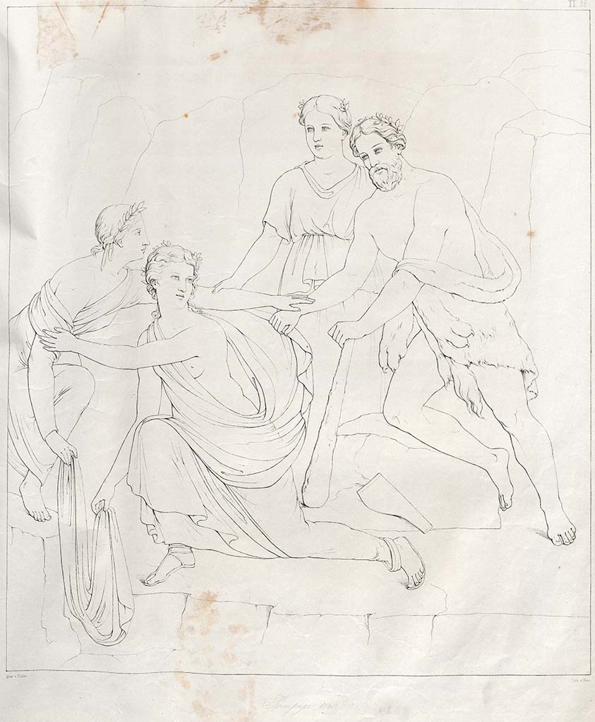 VIII.3.4 Pompeii. 1840. Drawing by Zahn of painting of Hercules and Iole. 
According to Zahn, this was provenanced from a small chamber at the rear of the Casa del Cignale, whereas according to the note on the Abbate drawing (above) it was found in this house (VIII.3.4), on the west side of the peristyle, and gave the house its name.
See Zahn, W., 1842-44. Die schönsten Ornamente und merkwürdigsten Gemälde aus Pompeji, Herkulanum und Stabiae: II. Berlin: Reimer, taf. 28.
