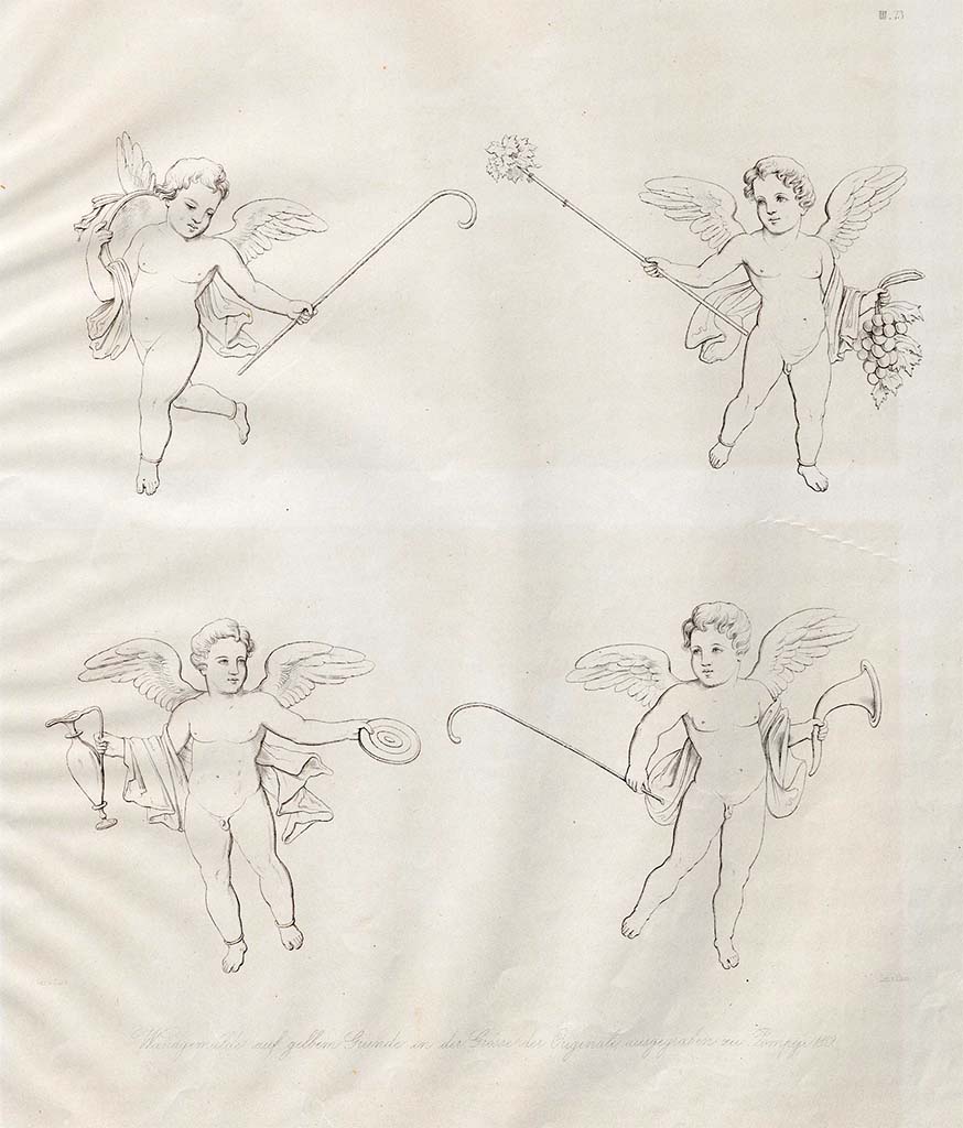 VIII.3.12 Pompeii. Pre-November 1856. Drawing by Zahn of four floating cupids with the attributes of Bacchus.
These were found in a room on a yellow background, from a house at the side of the Casa del Cinghiale, discovered in the month of November 1839.
See Zahn, W., 1852-59. Die schnsten Ornamente und merkwrdigsten Gemlde aus Pompeji, Herkulanum und Stabiae: III. Berlin: Reimer, taf. 73.
