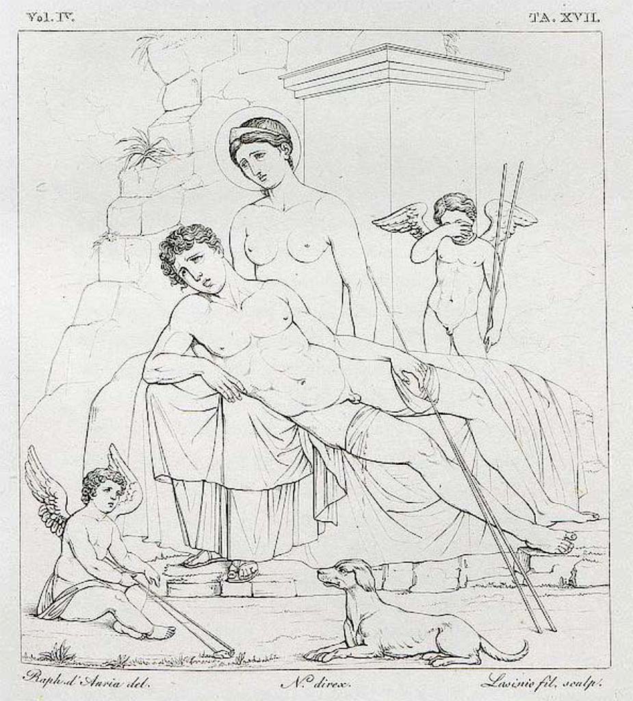 VIII.3.12 Pompeii. Pre-1827. Drawing of painting of Venus and Adonis from Pompeii
According to Real Museo Borbonico, vol. IV. Tav. XVII 
To the right of the Pompeian road that passes by the side of the Crypt of Eumachia, introduced from the Forum opposite the Basilica, a house was found called del Cerusico because of some surgical instruments found in the atrium, was painted in the middle of the beautiful grotesque style paintings, the painting that we publish here ..
See Real Museo Borbonico, Vol. IV, tav. XVII.
(Note: due to confusion over where the painting was actually found, which could have been found in other locations, see both VIII.5.24 and VIII.5.28)
