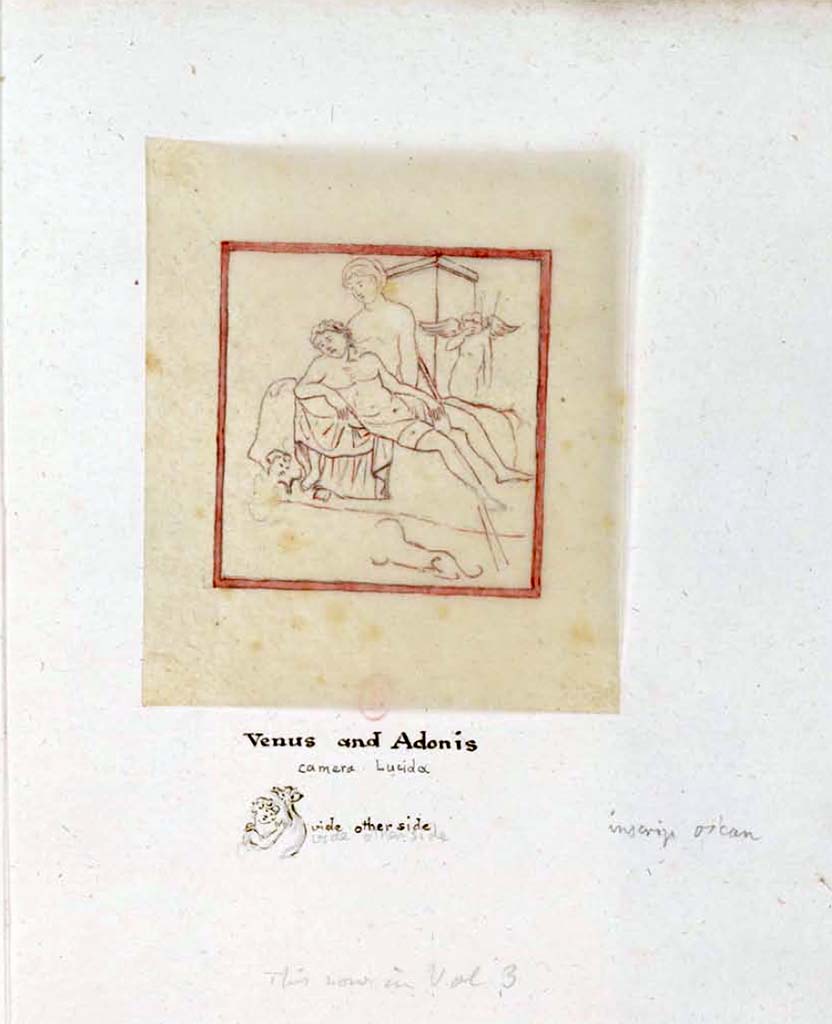 VIII.3.12 Pompeii. Between 1819 and 1832, sketch by W. Gell of painting of Venus and Adonis.
See Gell, W. Pompeii unpublished [Dessins de l'dition de 1832 donnant le rsultat des fouilles post 1819 (?)] vol II, pl. 41.
Bibliothque de l'Institut National d'Histoire de l'Art, collections Jacques Doucet, Identifiant numrique Num MS180 (2).
See book in INHA Use Etalab Licence Ouverte
See also VIII.5.28 and VIII.5.24, where the same painting is included as there is some mystery as to the actual place it was found.
