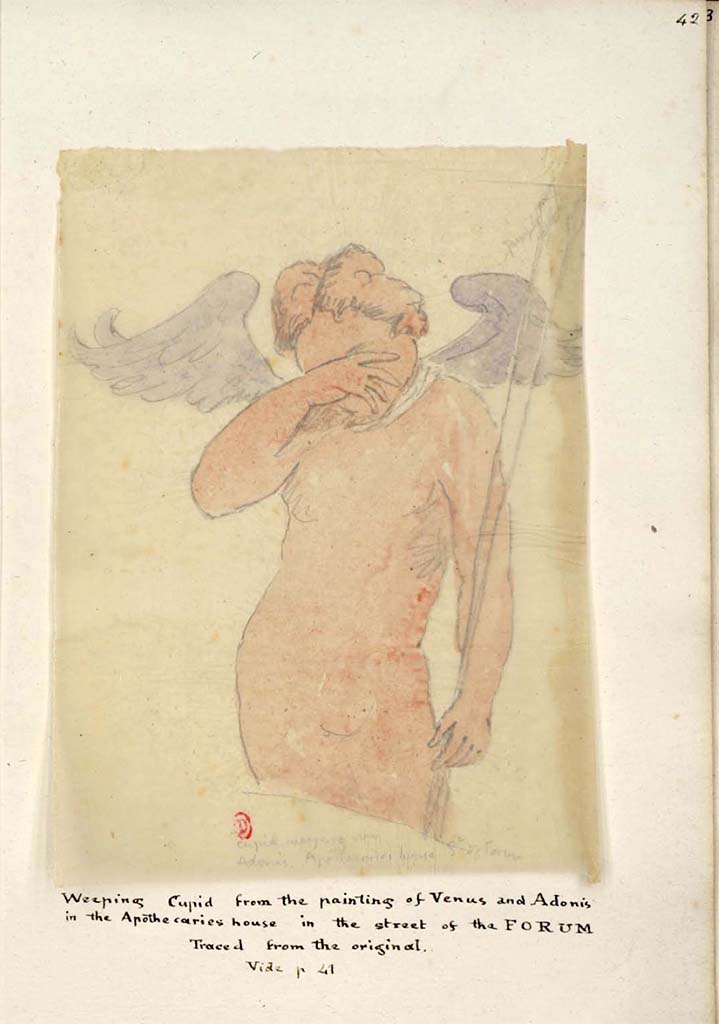 VIII.3.12 Pompeii. Between 1819 and 1832, sketch by W. Gell of weeping cupid, seen in the painting Venus and Adonis, above.
See Gell, W. Pompeii unpublished [Dessins de l'dition de 1832 donnant le rsultat des fouilles post 1819 (?)] vol II, pl. 42.
Bibliothque de l'Institut National d'Histoire de l'Art, collections Jacques Doucet, Identifiant numrique Num MS180 (2).
See book in INHA Use Etalab Licence Ouverte
