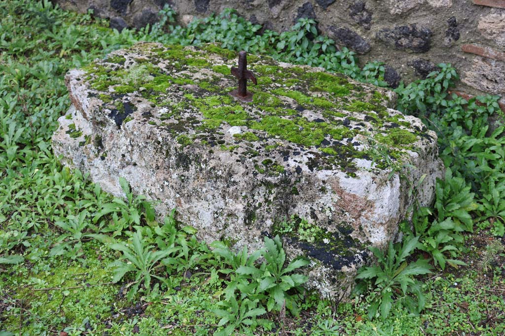 VIII.4.12 Pompeii. December 2018. 
Detail of large stone used as base for an arca, near south wall of peristyle. Photo courtesy of Aude Durand.
Description by Niccolini, but see also VII.2.18 –
12/13. Shops, from one of which one enters into an atrium with two rooms on the left, of which one used as a cupboard was next to the steps to the upper rooms, very worn out by use: then comes a corridor with the kitchen on one side and the store-cupboard on the other, and then follows an area surrounded by a portico, under which there are two other rooms, a cupboard, a repository, and in front of the aforementioned corridor two spacious triclinia, with an adjacent room: leaning against the pillar that divided the entrance doorways of the two triclinia was the iron arca (money-chest). In the area, seven dolia, a marble monopodium and a masonry basin are buried in the soil.
See Niccolini F, 1862. Le case ed i monumenti di Pompei: Volume Secondo. Napoli, (Descrizione Generale, p. 67, and Tav. XXXIII below).
