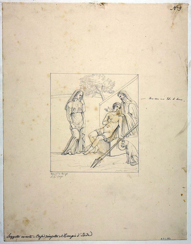 VIII.4.34 Pompeii. Drawing by Nicola La Volpe of painting of Phaedra and Hippolytus from north end of east wall of the cubiculum fenestratum.
See Helbig, W., 1868. Wandgemlde der vom Vesuv verschtteten Stdte Campaniens. Leipzig: Breitkopf und Hrtel, (1245).
Now in Naples Archaeological Museum. Inventory number ADS 881.
Photo  ICCD. http://www.catalogo.beniculturali.it
Utilizzabili alle condizioni della licenza Attribuzione - Non commerciale - Condividi allo stesso modo 2.5 Italia (CC BY-NC-SA 2.5 IT)
