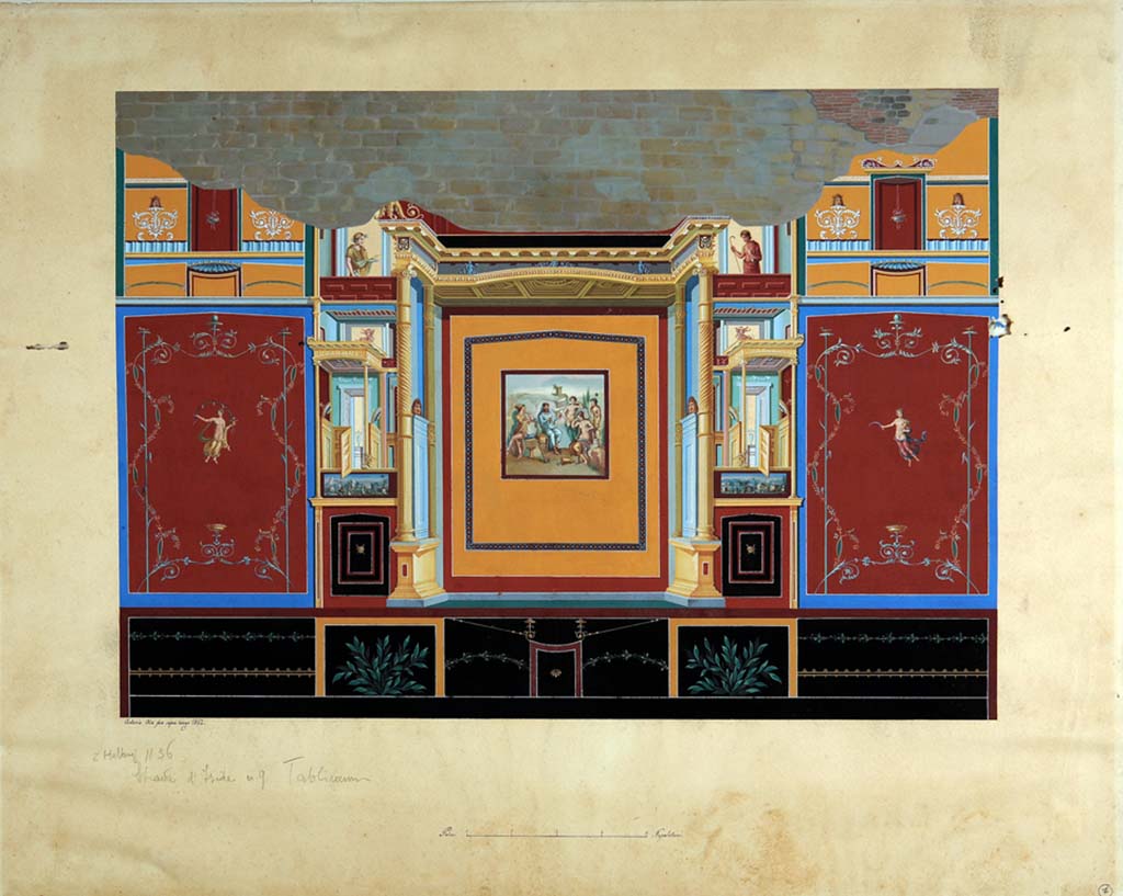 VIII.4.34 Pompeii. Painting by Antonio Ala, 1862, of the north wall of tablinum. 
In the centre yellow panel is the painting of Hercules and Omphale.
In the red side panels, with candelabra with twining plants, are the personifications of Autumn and Summer.
Between are complex architectural scenes.
In the upper zone are theatrical masks.
In the lower zone are plants and garlands.
According to Breton and Helbig, see above, the wall with the painting of Hercules and Omphale was to the right (this would mean the east wall).
Now in Naples Archaeological Museum. Inventory number ADS 870.
Photo  ICCD. http://www.catalogo.beniculturali.it
Utilizzabili alle condizioni della licenza Attribuzione - Non commerciale - Condividi allo stesso modo 2.5 Italia (CC BY-NC-SA 2.5 IT)
