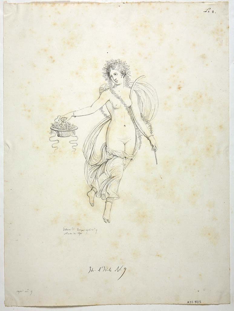 VIII.4.34 Pompeii. Drawing by Nicola La Volpe, of painting of Spring from a side panel, of a tablinum wall not known. 
In her right hand she held a basket with white flowers. In her left she held a branch.
See Helbig, W., 1868. Wandgemlde der vom Vesuv verschtteten Stdte Campaniens. Leipzig: Breitkopf und Hrtel, 978.
Now in Naples Archaeological Museum. Inventory number ADS 875.
Photo  ICCD. http://www.catalogo.beniculturali.it
Utilizzabili alle condizioni della licenza Attribuzione - Non commerciale - Condividi allo stesso modo 2.5 Italia (CC BY-NC-SA 2.5 IT)
