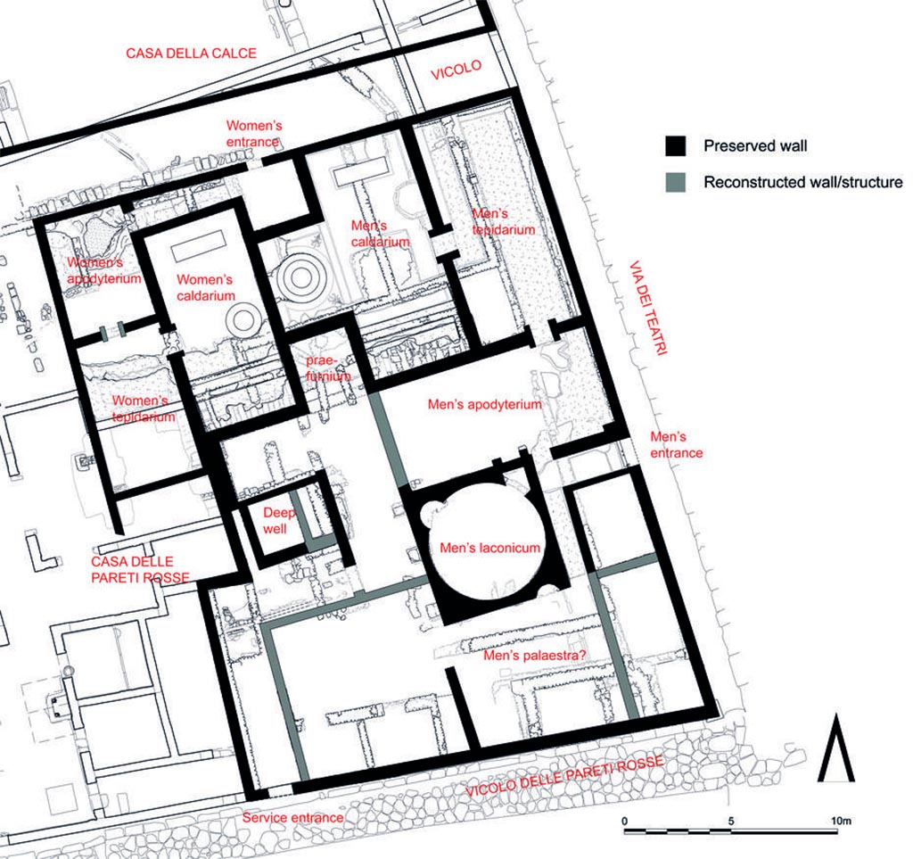 VIII.5.36 Pompeii. 1950 Plan of Terme repubblicane or Republican Baths. 
Preliminary reconstruction of the original baths (on top of the new state plan), built around 150 BC
Photo courtesy of Freie Universität Berlin.
See Bathing Culture and the Development of Urban Space: FU Berlin
