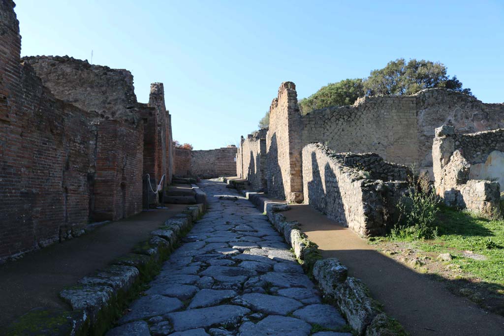 Via della Regina, Pompeii. December 2018. 
Looking north between VIII.2, on left and VIII.6.3, on right. Photo courtesy of Aude Durand.

