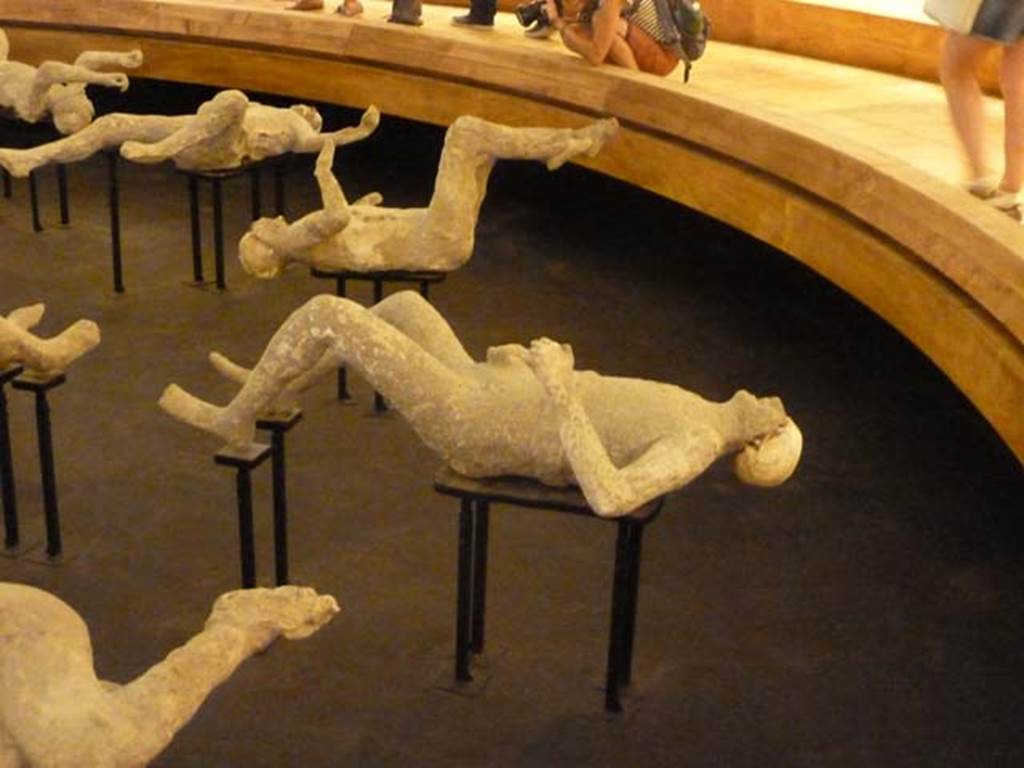 VIII.6.6 Pompeii. September 2015. Plaster cast of victim number 12, now also displayed in the Macellum, VII.9.7. The location of his finding was given as south-west corner of the garden in VIII.6.5 (? VIII.6.6). He was found four metres above the ground level, on top of the lapilli. Exhibits from the Summer 2015 exhibition in the amphitheatre.

