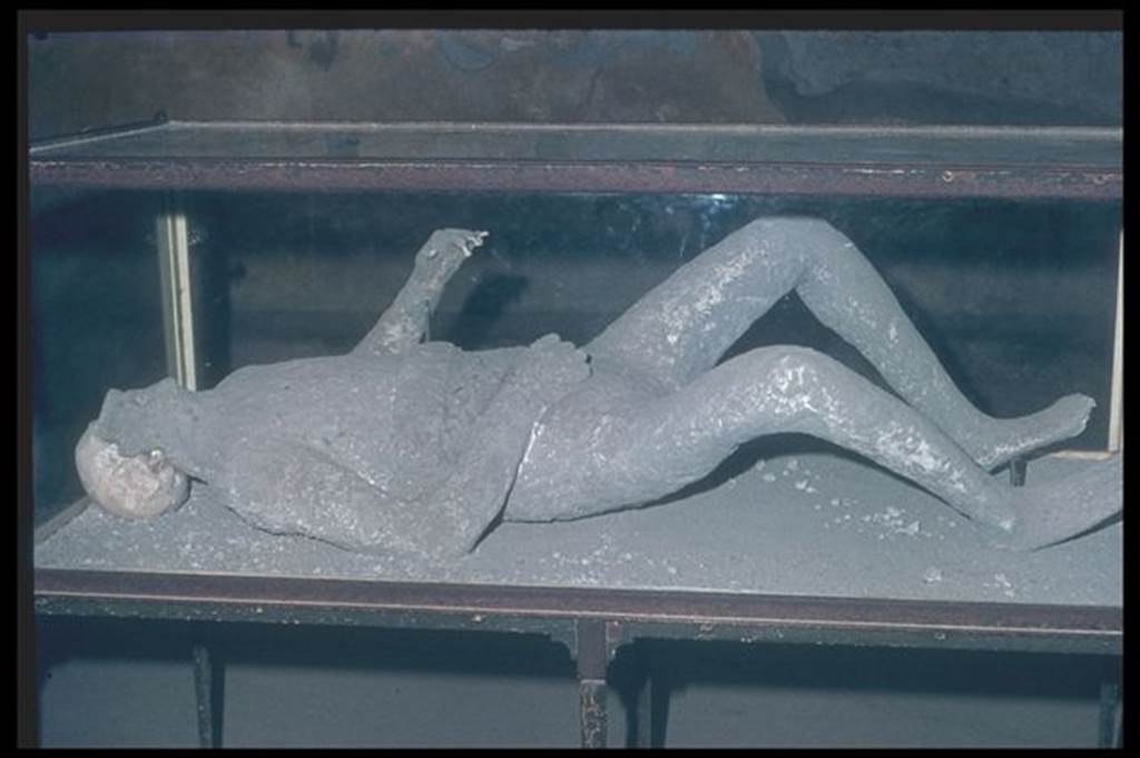 VIII.6.6 Pompeii. Plaster cast of body, identified as body number 12, recovered on 28th December 1882. This is now on display in the Macellum at VII.9.7. The location was given as south-west corner of the garden in VIII.6.5 (? VIII.6.6). He was found four metres above the ground level, on top of the lapilli. He was carrying two keys. See Dwyer, E., 2010. Pompeiis Living Statues. Univ. of Michigan Press: (p.103)  
Garcia y Garcia gives the plaster cast number as 16. See Garcia y Garcia, L., 2006. Danni di guerra a Pompei. Rome: LErma di Bretschneider. (p.194)
Photographed 1970-79 by Gnther Einhorn, picture courtesy of his son Ralf Einhorn.

