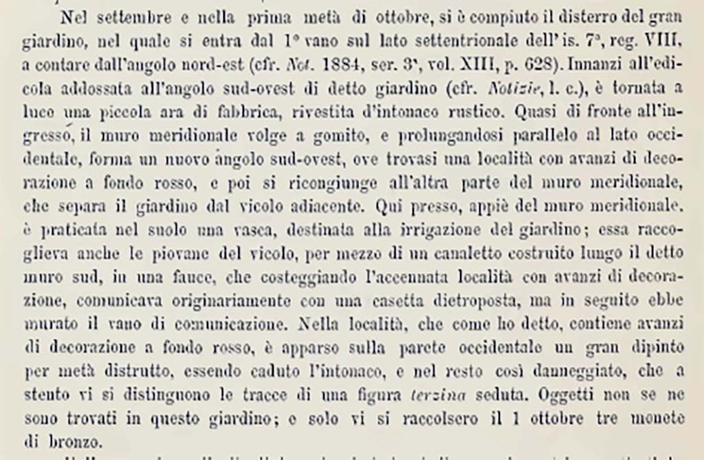 The same information as above but a more readable copy.
Notizie degli Scavi, September/October/November 1884, Memorie, Ser. 4, Vol. I, 1885, p.110.
