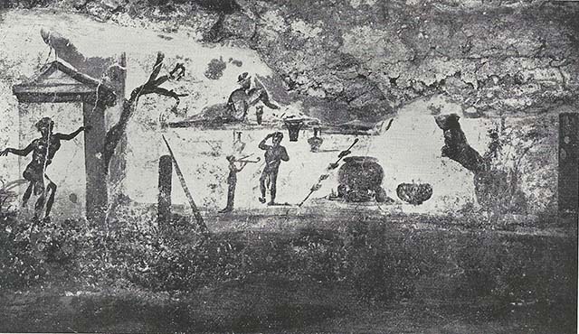 VIII.7.24 Pompeii. 1955. Fragment of Nilotic painting in peristyle. South wall. Country scene.
See Maiuri A., 1955. Una Nuova Pittura Nilotica a Pompei. Roma: Acc. Naz dei Lincei, Tav. II, 1.
