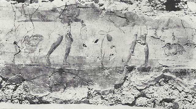 VIII.7.24 Pompeii. 1955. Fragment of Nilotic painting in peristyle. North wall. Dancing on the shore of the Nile.
See Maiuri A., 1955. Una Nuova Pittura Nilotica a Pompei. Roma: Acc. Naz dei Lincei, Tav. V, 2.
