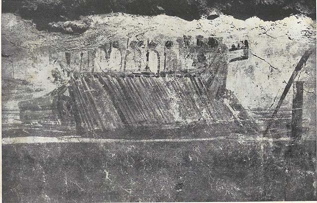 VIII.7.24 Pompeii. 1955. Fragment of Nilotic painting in peristyle. East wall. Naval battle.
See Maiuri A., 1955. Una Nuova Pittura Nilotica a Pompei. Roma: Acc. Naz dei Lincei, Tav. VIII, 1.
