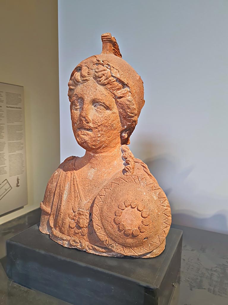 VIII.7.25 Pompeii. April 2023. 
Detail of terracotta bust depicting an armed goddess, interpreted as Bellona. Photo courtesy of Giuseppe Ciaramella.

