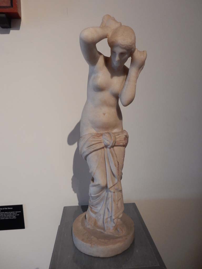 VIII.7.28 Pompeii. June 2019. Marble statue of Venus Anadyomene (Venus drying her hair after a bath). 
Venus (or Aphrodite) in the Roman world was often identified with Isis.
Originally found with well preserved painting and gilding. 
Found against the west wall of the portico in the south west corner.
Now in Naples Archaeological Museum. Inventory number 6298.
Photo courtesy of Buzz Ferebee.
