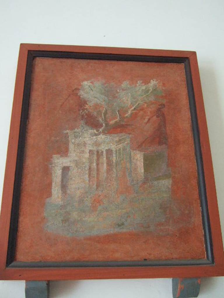 VIII.7.28 Pompeii.  Detail of architectural landscape from panel with landscape and architecture. Found in central feature of south wall.  Now in Naples Archaeological Museum.
