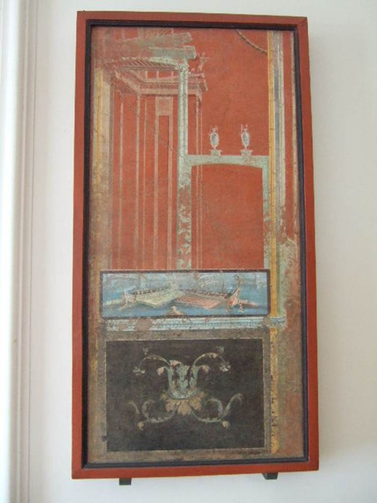 VIII.7.28 Pompeii.  Painted panel with architecture and naval scene.
Now in Naples Archaeological Museum.
