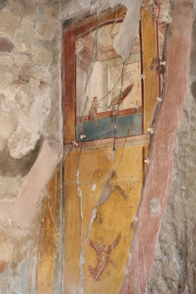 IX.1.7 Pompeii. December 2018. 
North-west corner of triclinium with remains of painted decoration on north wall.
Photo courtesy of Aude Durand.

