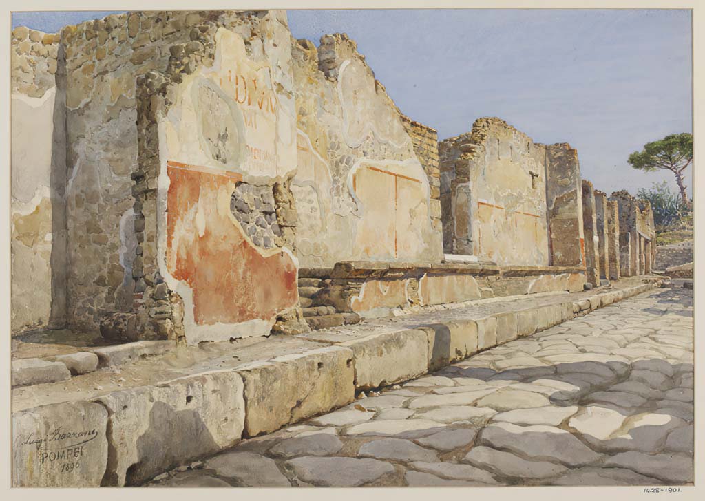 IX.1.19 Pompeii, on left. 1896. Watercolour by Luigi Bazzani showing graffiti on pilaster between the shop, and house at IX.1.20 Pompeii, in centre. 
Looking east along north side of Via dell’Abbondanza.
Photo © Victoria and Albert Museum. Inventory number 1428-1901.
