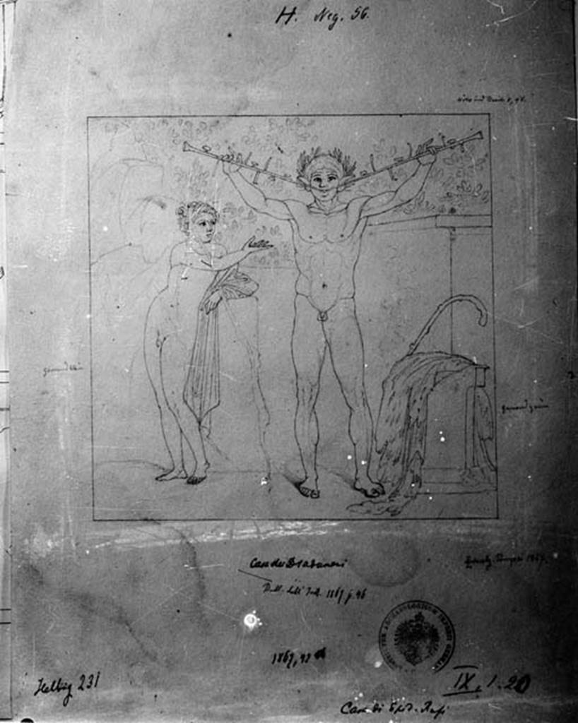 IIX.1.20 Pompeii. W.339. Room 9 south wall, drawing of Olympus with Marsyas playing the double flute.
Photo by Tatiana Warscher. Photo © Deutsches Archäologisches Institut, Abteilung Rom, Arkiv. 

