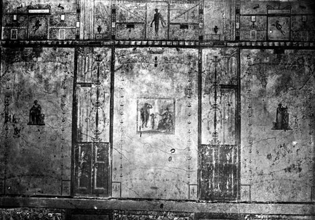IX.1.20 Pompeii. W.344. Room 9, drawing of east wall of triclinium. 
In the panel on the left, at the north end of the east wall would have been the Muse Urania.
In the central panel would have been a painting of Venus and the evening star (or Aphrodite and Hesperus)
See Helbig, W., 1868. Wandgemälde der vom Vesuv verschütteten Städte Campaniens. Leipzig: Breitkopf und Härtel. (367)
In the panel on the right, at the south end of the east wall would have been the Muse Terpsichore.
See Gallo, A. (2000): I quadri perduti del triclinio “S” della casa di M. Epidio Rufo. (p.89) in Assoc. Internazionale Amici di Pompei: Rivista di Studi Pompeiani, XI, 2000, “L’Erma” di Bretschneider, Rome, (p.87-100)
Photo by Tatiana Warscher. Photo © Deutsches Archäologisches Institut, Abteilung Rom, Arkiv. 
