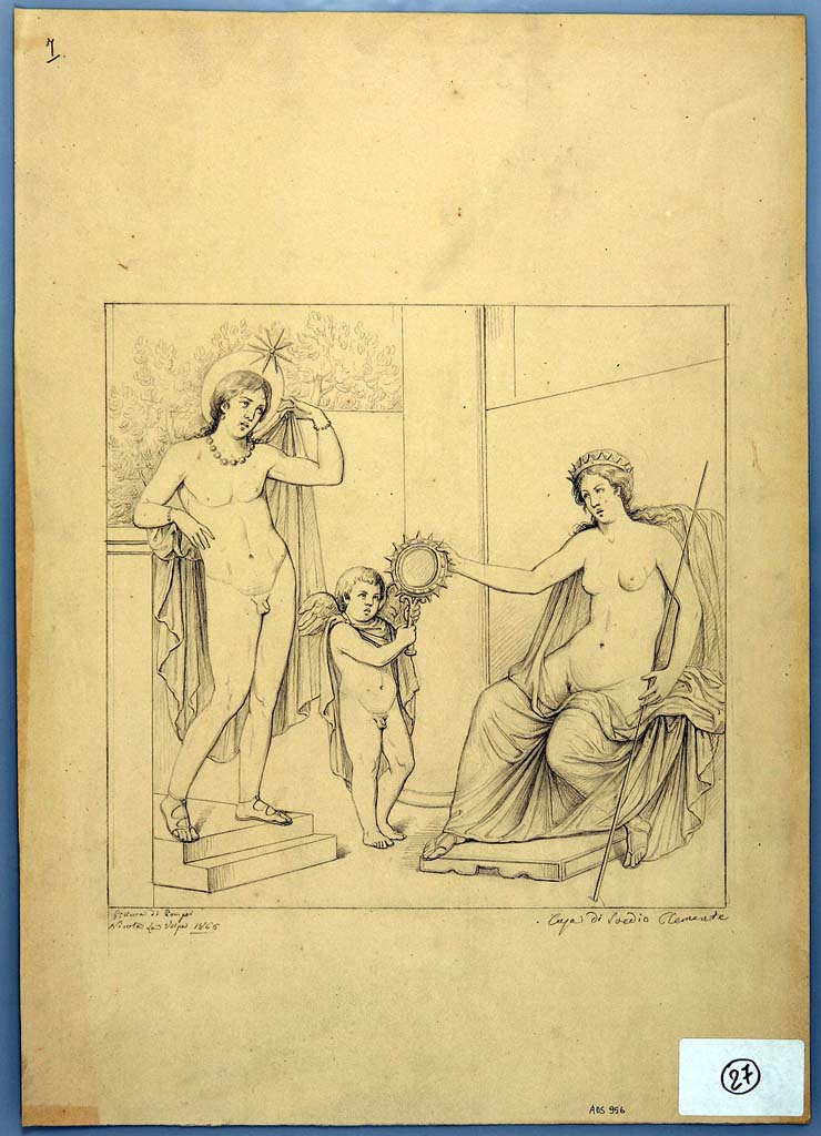 IX.1.20 Pompeii. Room 9, centre of east wall of triclinium.
Drawing by Nicola La Volpe, 1866, of painting of Hesperus and Venus with a cupid, now in mediocre condition and faded from east wall.
Hesperus has a halo round his head with a star. 
His left hand holds his yellow mantle and he is wearing bracelets, anklets and necklace.
Venus sits on the right, in a green robe, wearing a tiara and with her sceptre in the left hand.
With her right hand she is touching a mirror that a cupid holds out.
See Helbig, W., 1868. Wandgemälde der vom Vesuv verschütteten Städte Campaniens. Leipzig: Breitkopf und Härtel, (967b).
Now in Naples Archaeological Museum. Inventory number ADS 956.
Photo © ICCD. http://www.catalogo.beniculturali.it
Utilizzabili alle condizioni della licenza Attribuzione - Non commerciale - Condividi allo stesso modo 2.5 Italia (CC BY-NC-SA 2.5 IT)
