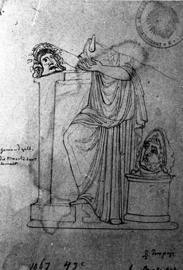 IX.1.20 Pompeii. W.342. Room 9, drawing of Muse Melpomene from panel at east end of north wall.
Photo by Tatiana Warscher. Photo © Deutsches Archäologisches Institut, Abteilung Rom, Arkiv. 
