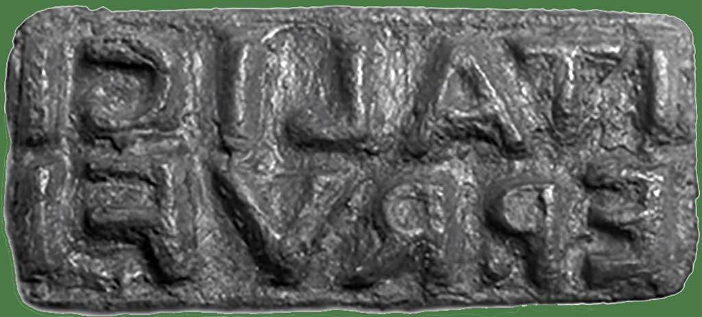IX.1.20 Pompeii. Found on 3rd March 1866. Room 10, tablinum. Seal of Italicus servant of Epidius Rufus.
The seal has the name ITALICI EP. RVFI.
According to the Epigraphic Database Roma this reads:
Italici
Ep(idi) Rufi (:servi)
Now in Naples Archaeological Museum. Inventory number 4756.

