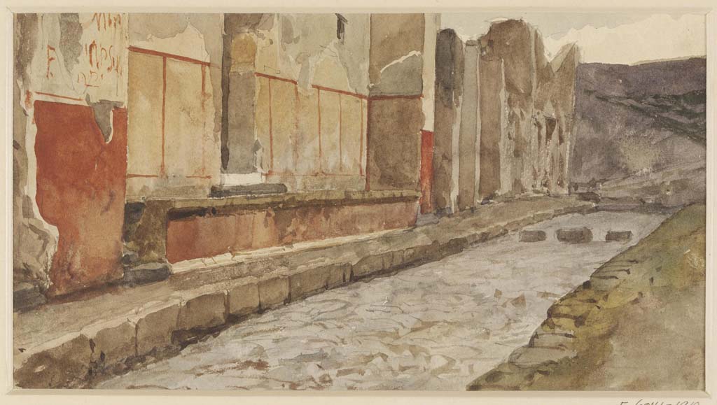 IX.1.20 Pompeii, Undated watercolour, view showing the footway in front of the 'House of Epidius Rufus' and the 'House of Epidius Sabinus' at Pompeii 
Looking east along north side of “unexcavated” Via dell’Abbondanza.
Photo © Victoria and Albert Museum. Inventory number 2051-1900.
