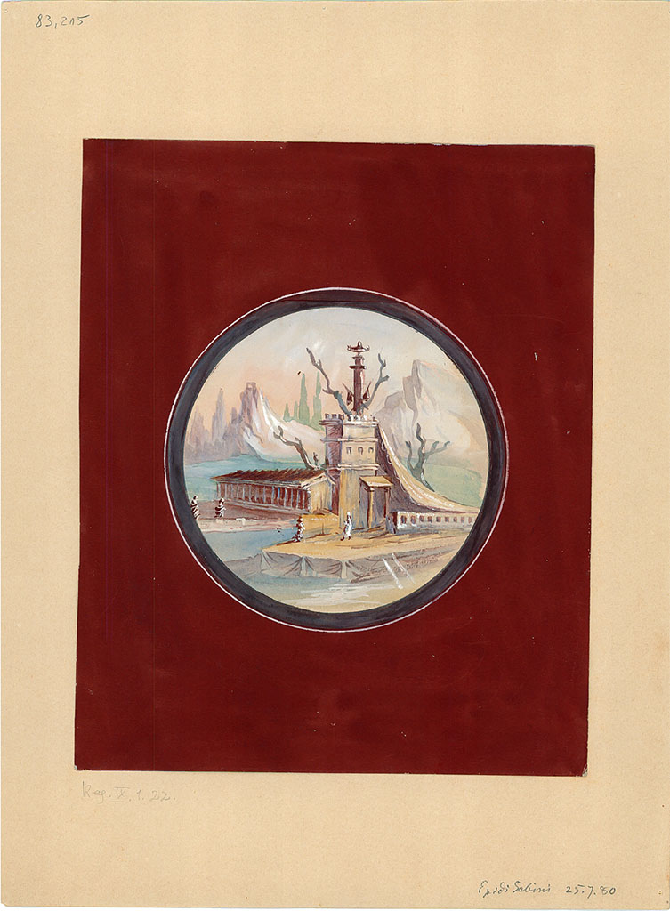 IX.1.22 Pompeii. Painted 25th July 1880. 
Medallion with landscape, from an unknown location on a wall of the atrium, now faded/disappeared.
DAIR 83.215. Photo © Deutsches Archäologisches Institut, Abteilung Rom, Arkiv. 

