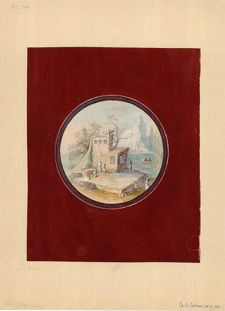 IX.1.22 Pompeii. Painted 24th July 1880. 
Medallion with landscape, from an unknown location on a wall of the atrium, now faded and disappeared.
DAIR 83.214. Photo © Deutsches Archäologisches Institut, Abteilung Rom, Arkiv. 
