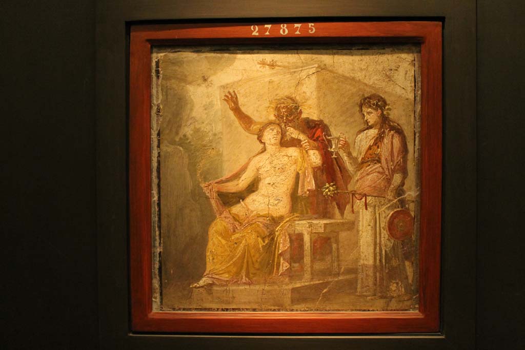 IX.1.22 Pompeii. July 2017. Painting of Hermaphrodite and Silenus. Found in tablinum of IX.1.22 Pompeii, from west wall.  
Now in Naples Archaeological Museum. Inventory number 27875.
Foto Annette Haug, ERC Grant 681269 DÉCOR.
