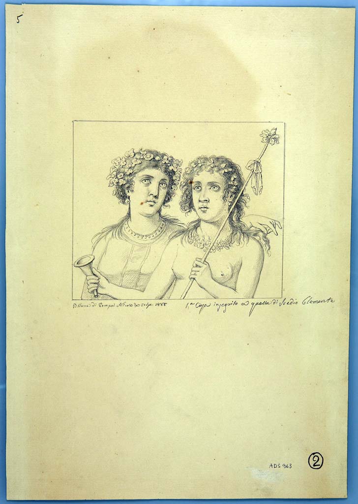 IX.1.22 Pompeii. Drawing by Nicola La Volpe, 1866, of painting of Dionysus and Ariadne from west wall of room 19.
This is described as being from “the house following that of Suedius Clemens”, this was his description of IX.I.20.
Now in Naples Archaeological Museum. Inventory number ADS 963.
Photo © ICCD. https://www.catalogo.beniculturali.it
Utilizzabili alle condizioni della licenza Attribuzione - Non commerciale - Condividi allo stesso modo 2.5 Italia (CC BY-NC-SA 2.5 IT)
Kuivalainen describes the two drawings above, on a blue background, almost damaged: 
N. La Volpe (1866) emphasizes the breasts; L. Schulz (1867) does not show such an effeminate Bacchus.–
“Behind, on the left, a robed female figure with a necklace and earrings; she has long hair and wears a wreath of ivy; with the fingers of her left hand she fiddles with the long hair of a tanned naked youth on the right. He is depicted with effeminate breasts; he has a floral wreath around his neck and a wreath of ivy on his head; he holds a rhyton in his right hand and a thyrsus in his left hand.”
Kuivalainen comments –
“An effeminate young Bacchus depicted with Ariadne or a maenad. The wreath or a short garland around his neck is a rarity.”
See Kuivalainen, I., 2021. The Portrayal of Pompeian Bacchus. Commentationes Humanarum Litterarum 140. Helsinki: Finnish Society of Sciences and Letters, (p.132, D11).

