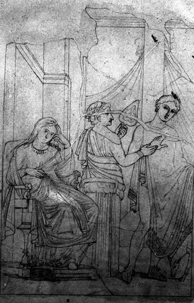 IX.1.22 Pompeii. W.350. 
Room 21, drawing of painting from centre of east wall showing Phaedra and Hippolytus.
Photo by Tatiana Warscher. Photo © Deutsches Archäologisches Institut, Abteilung Rom, Arkiv. 
