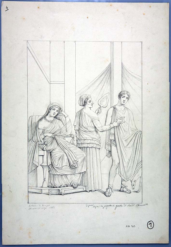 IX.1.22 Pompeii. Room 21, centre of east wall. 
Drawing by Nicola La Volpe, 1866, of painting of Phaedra and Hippolytus, and the nurse, from the centre of the east wall.
See Helbig, W., 1868. Wandgemälde der vom Vesuv verschütteten Städte Campaniens. Leipzig: Breitkopf und Härtel, (1243).
Now in Naples Archaeological Museum. Inventory number ADS 965.
Photo © ICCD. http://www.catalogo.beniculturali.it
Utilizzabili alle condizioni della licenza Attribuzione - Non commerciale - Condividi allo stesso modo 2.5 Italia (CC BY-NC-SA 2.5 IT)
