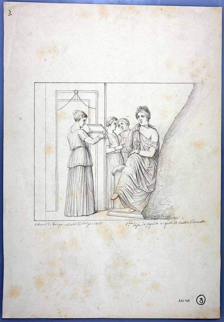 IX.1.22 Pompeii. Drawing by Nicola La Volpe, 1866, of painting of the Toilette di Venere, now faded and lost.
This painting was found very ruined at the time of excavation but documented by this drawing seen in the centre of the south wall, before it was finally lost forever.
Now in Naples Archaeological Museum. Inventory number ADS 968.
Photo © ICCD. http://www.catalogo.beniculturali.it
Utilizzabili alle condizioni della licenza Attribuzione - Non commerciale - Condividi allo stesso modo 2.5 Italia (CC BY-NC-SA 2.5 IT)
