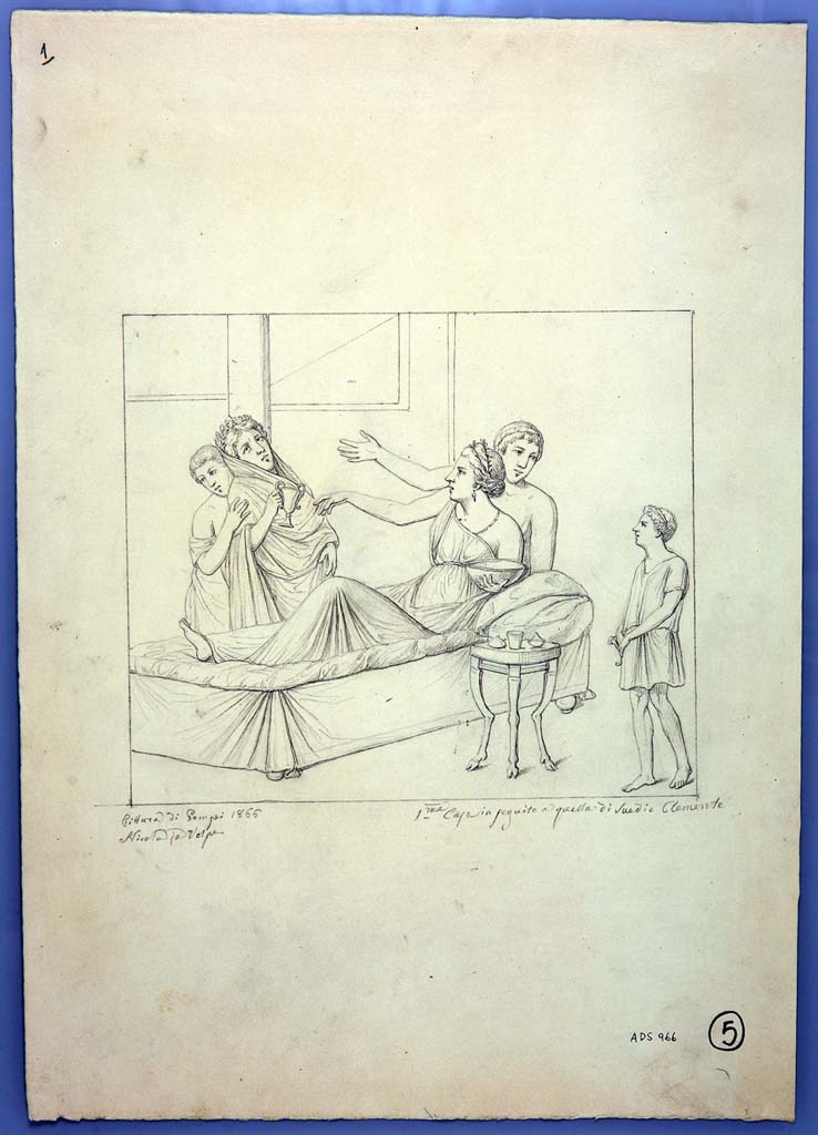 IX.1.22 Pompeii. Room 23, east wall of cubiculum.
Drawing by Nicola La Volpe, 1866, of a painting of a banqueting scene. 
A man and a woman are seen lying on a bed and stretching their hands out to the right, to a woman holding a kàntharos in her right hand. 
She is falling over and is supported by a handmaid. 
On the bottom right is a young servant who observed the scene from near a table on which are glass and silver containers.
See Schöne in BdI, 1867, (p.85)
See Helbig, W., 1868. Wandgemälde der vom Vesuv verschütteten Städte Campaniens. Leipzig: Breitkopf und Härtel. (1447)
Now in Naples Archaeological Museum. Inventory number ADS 966.
Photo © ICCD. http://www.catalogo.beniculturali.it
Utilizzabili alle condizioni della licenza Attribuzione - Non commerciale - Condividi allo stesso modo 2.5 Italia (CC BY-NC-SA 2.5 IT)
