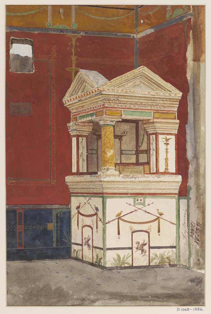 IX.1.22 Pompeii. 15th September 1876. Watercolour by Luigi Bazzani of household shrine in atrium.
Photo © Victoria and Albert Museum. Inventory number 1068-1886.
