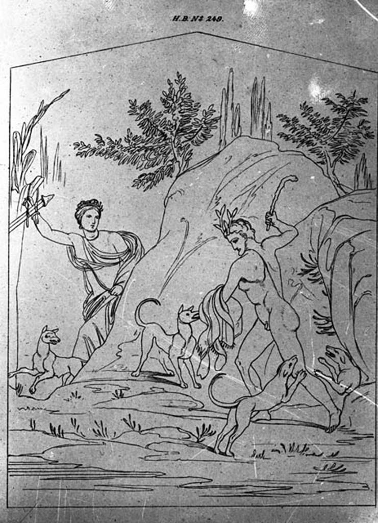 IX.2.16 Pompeii. W.359. Drawing of Artemis and Acteon from north wall, on the west side of doorway in cubiculum b. 
Photo by Tatiana Warscher. Photo  Deutsches Archologisches Institut, Abteilung Rom, Arkiv. 
See Peters, W.J.T., 1963. Landscape in Romano-Campanian Mural Painting, (p.105, pl.91)
See Dawson, C., 1944. Romano-Campanian Mythological Landscape Painting, (p.80, pl.1)

