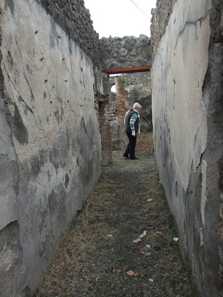 IX.2.16 Pompeii. December 2007. Corridor from atrium leading west to garden area, which was also accessible from the west end of the tablinum. The wall zoccolo was without colour, the middle zone of the wall was a simple white plaster. At the end of the corridor, on the left, is a doorway to the room on the south side, described by Boyce as a triclinium with the remains of a lararium. On the left, just past the doorway, in the south-east corner of the peristyle, is the small storeroom next to the staircase which, according to Schefold (as quoted in PPM) was the location of the lararium.
